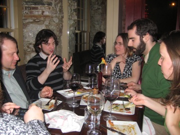 Derek holds forth while James (left), Becky, Ryan Robidoux, Arden Brookstein listen