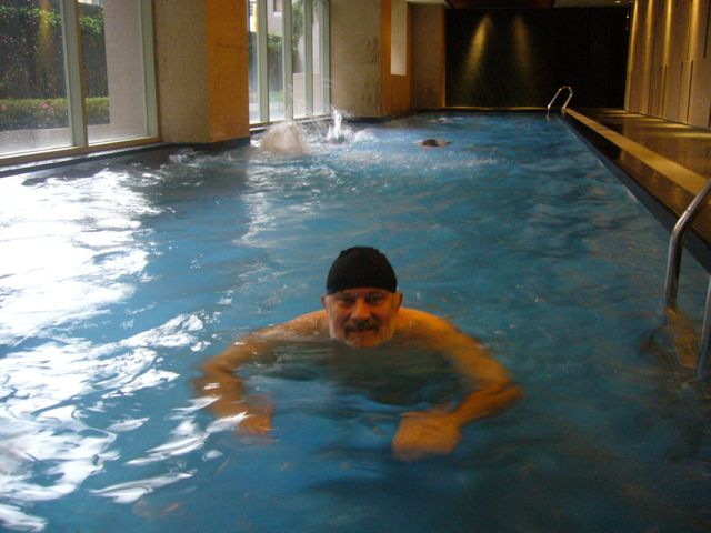 swimming in the pool at Abe's block of flats