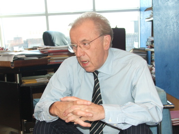 Sir David Frost welcomes us in his office in London